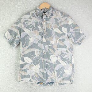 Vintage Shirt Mens Medium Blue White Floral Popover Reverse Print Short Sleeve